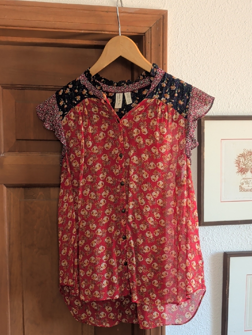 Meadow Rue Red Floral Button-Front Blouse with Navy Yoke
